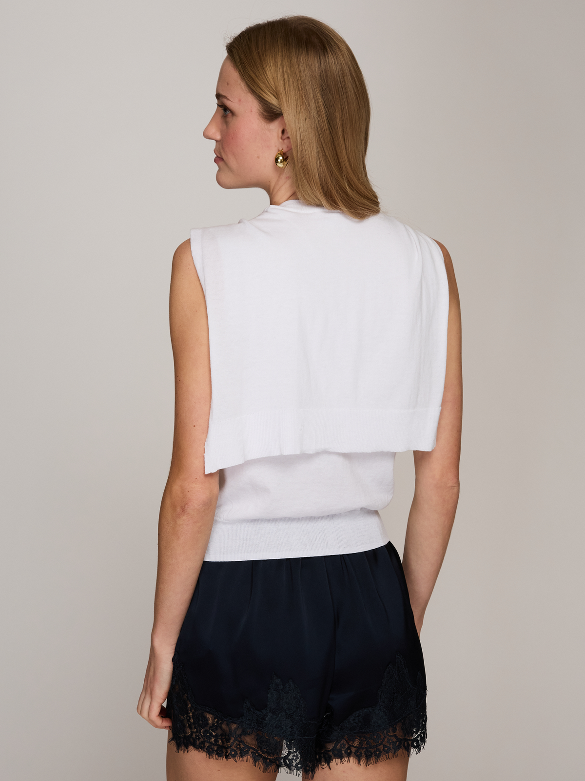 Sleeveless Button Front Vest w/ Tie Sleeves in White