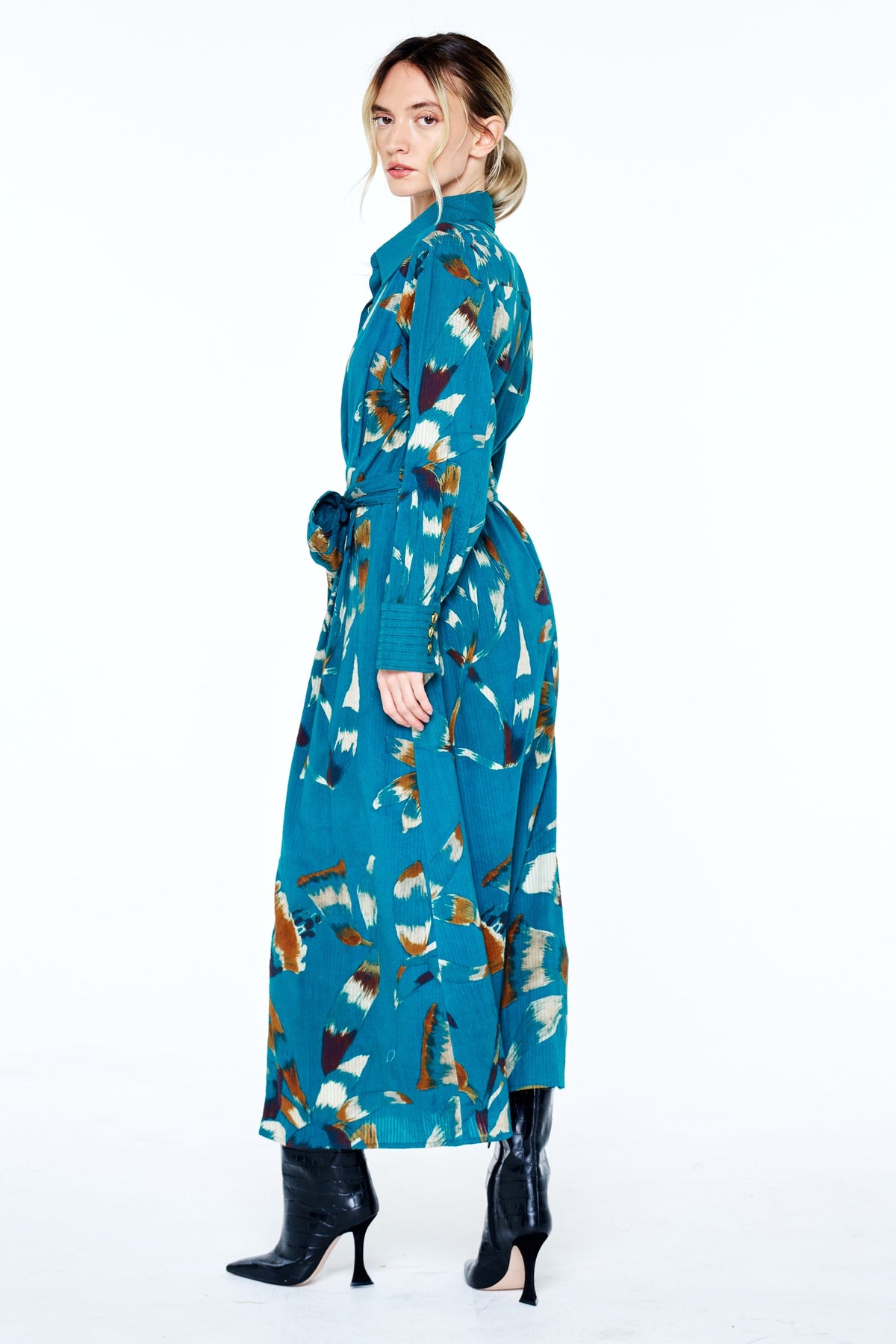 POLYNA PRINTED SEERSUCKER MAXI SHIRT DRESS