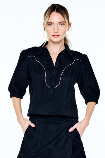 VYNESSA FAUX SUEDE PIPING DETAIL TOP