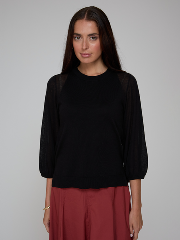 Hi Lo Crew W/ Sheer Puff Sleeves in Black