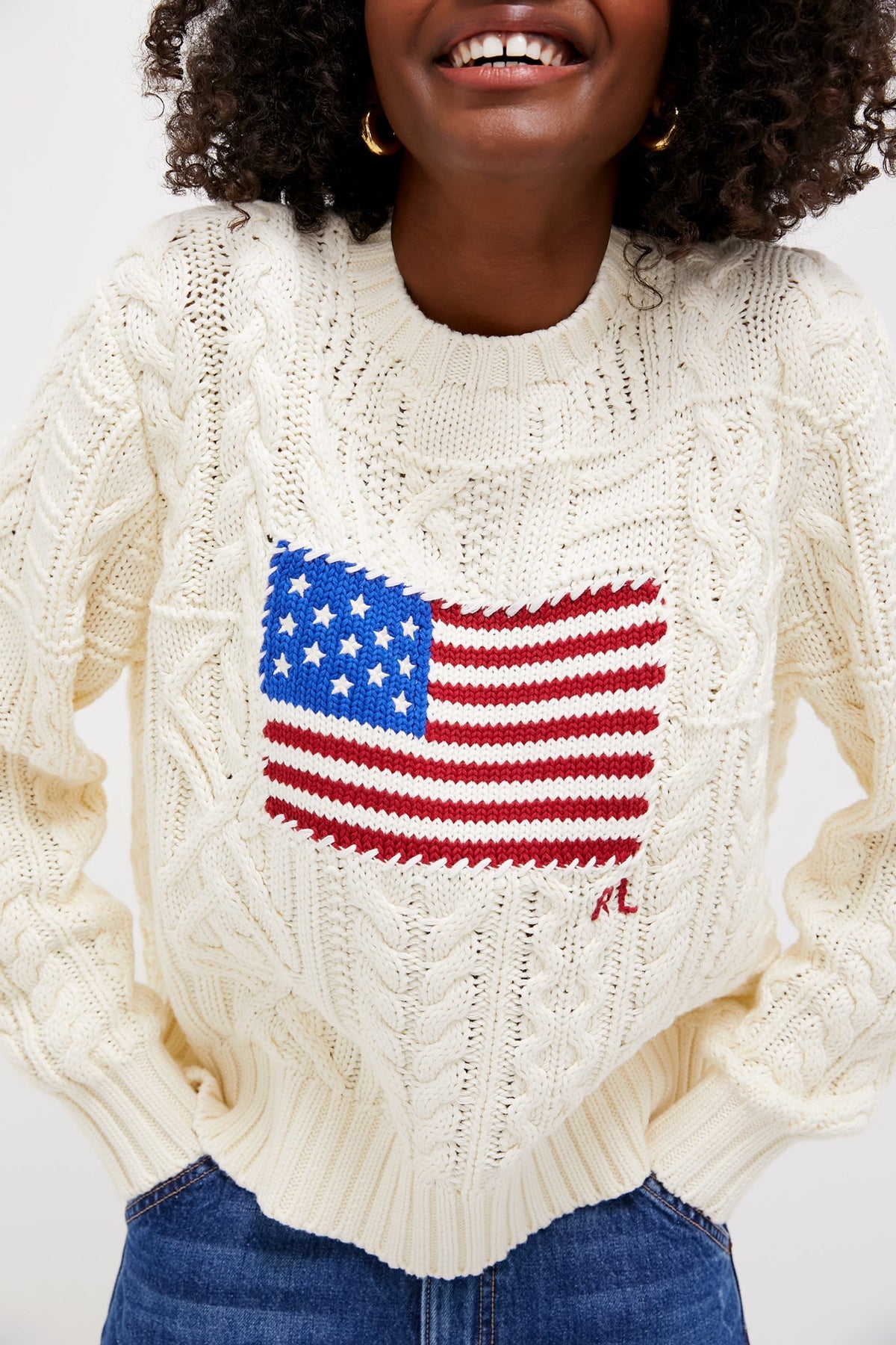 Cream American Flag Long Sleeve Pullover