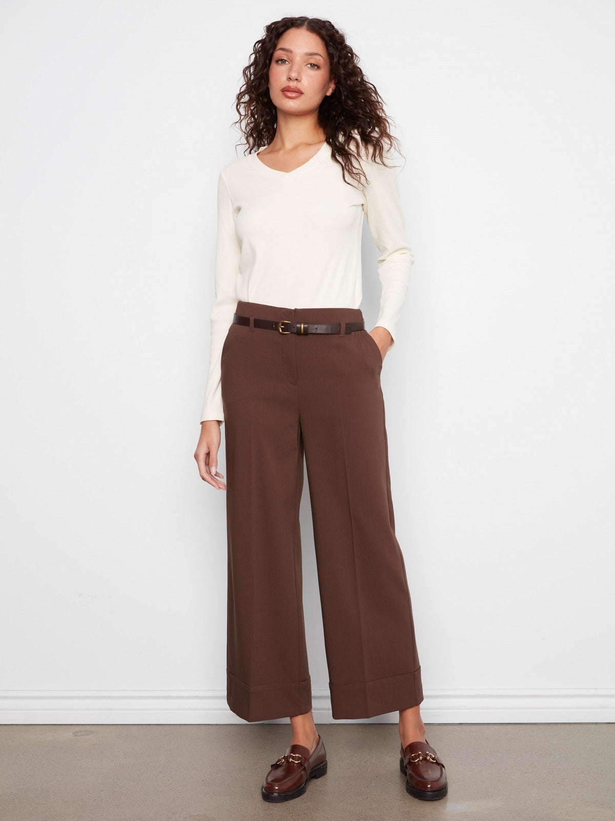 Belted Wide Leg Crepe Pants - Coffee