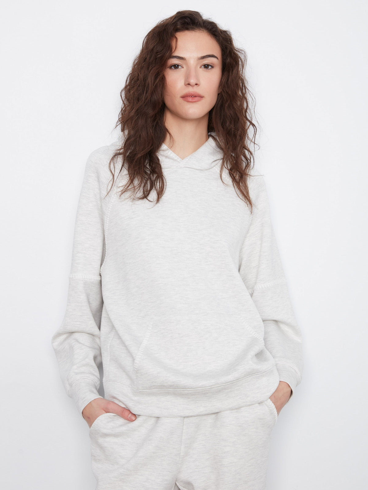 Blanket Stitch Soft Scuba Hoodie - Heather Light Grey