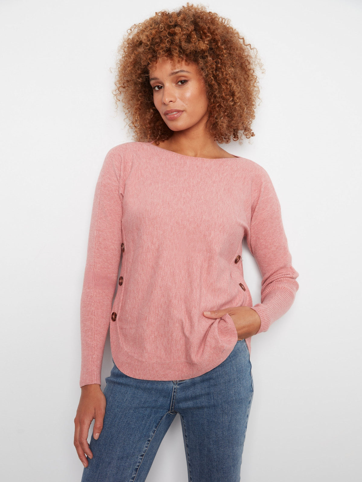 Boat Neck Sweater With Side Buttons - Heather Carnation