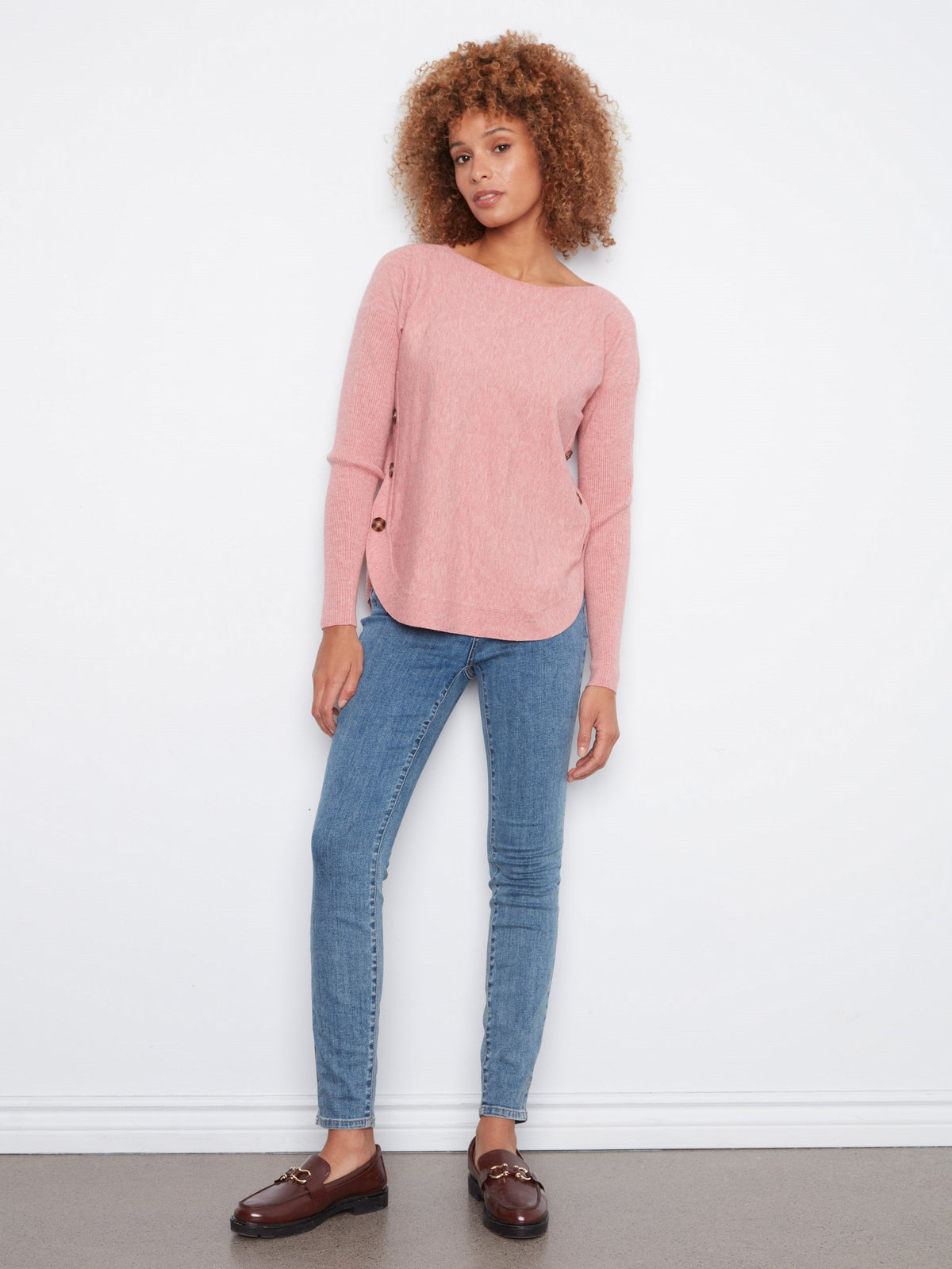 Boat Neck Sweater With Side Buttons - Heather Carnation