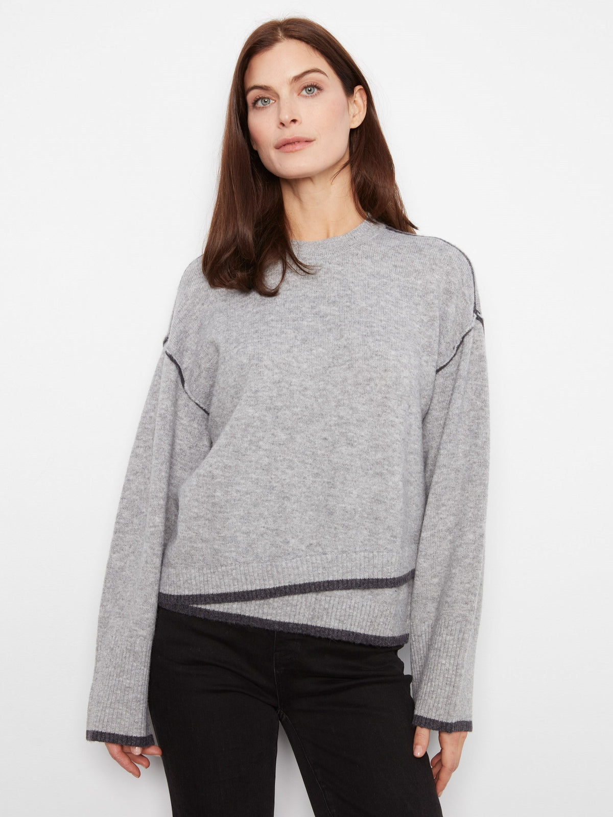 Contrast Trim Crew Neck Sweater - Heather Light Grey