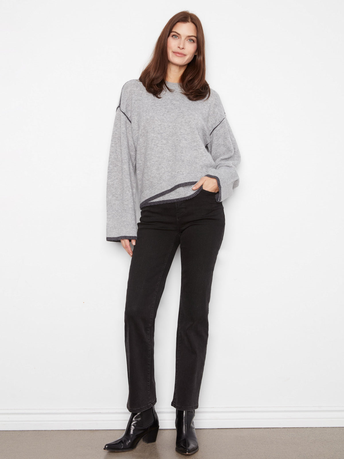 Contrast Trim Crew Neck Sweater - Heather Light Grey