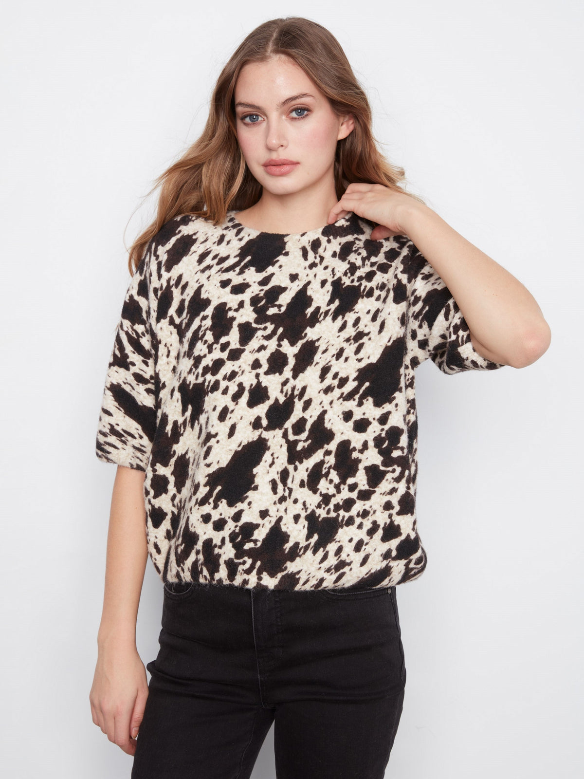 Cow Print Balloon Elbow Sleeve Knit Sweater - Spots