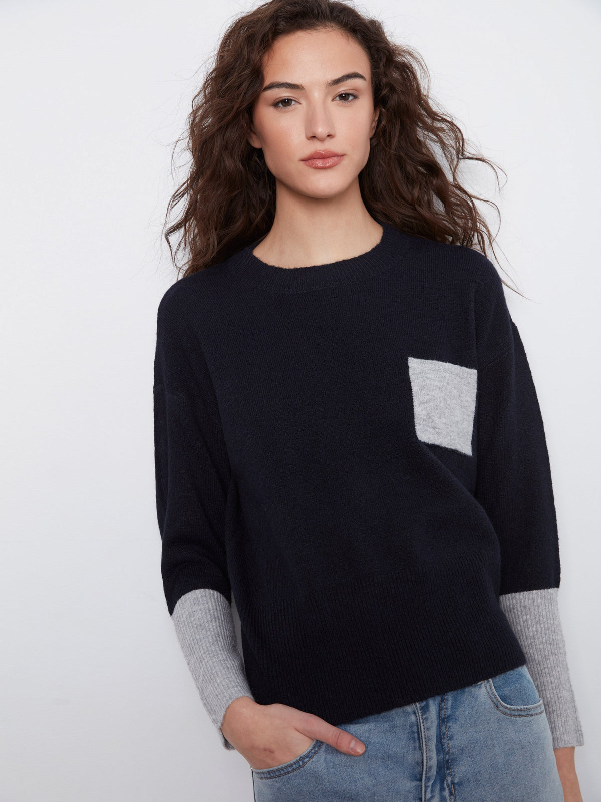 Crew Neck Sweater With Contrast Details - Navy