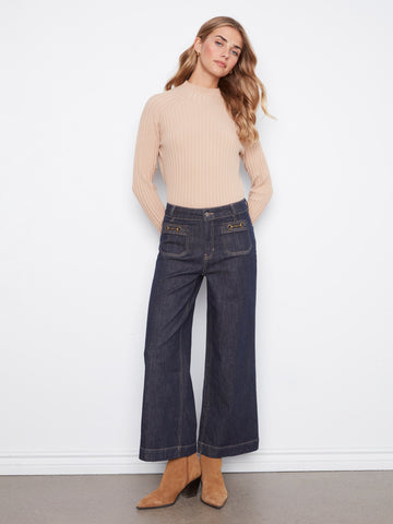 Cropped Patch Pocket Wide Leg Jeans With Horsebit Detail - Deep Blue