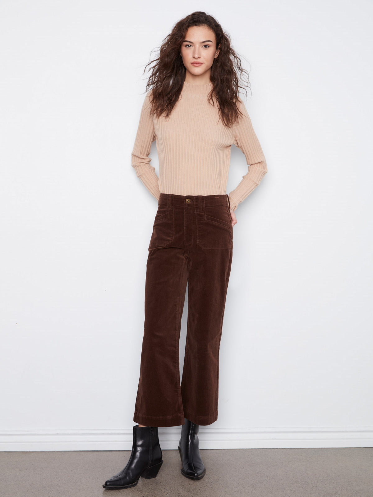 Cropped Wide Leg Stretch Corduroy Pants - Coffee