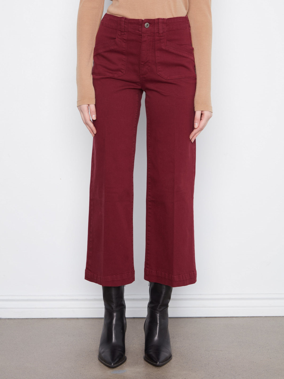 Cropped Wide Leg Stretch Twill Pants - Merlot
