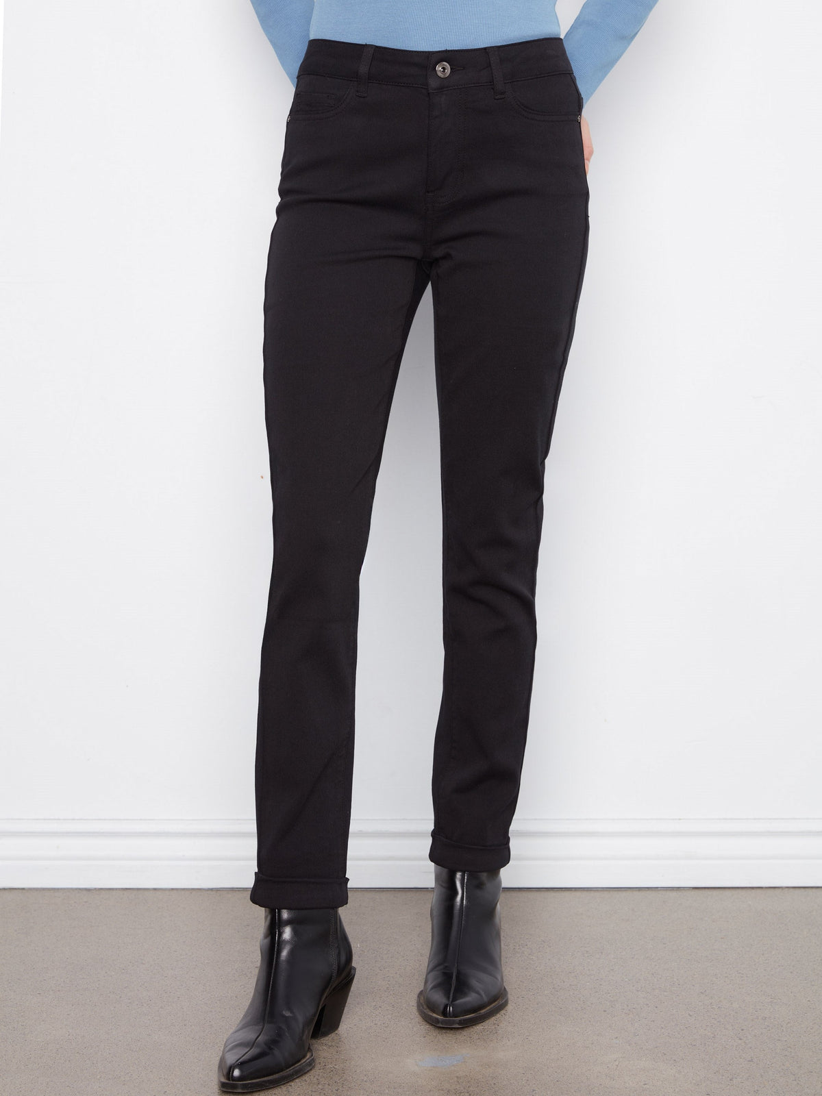 Cuffed Hem Twill Jeans - Black