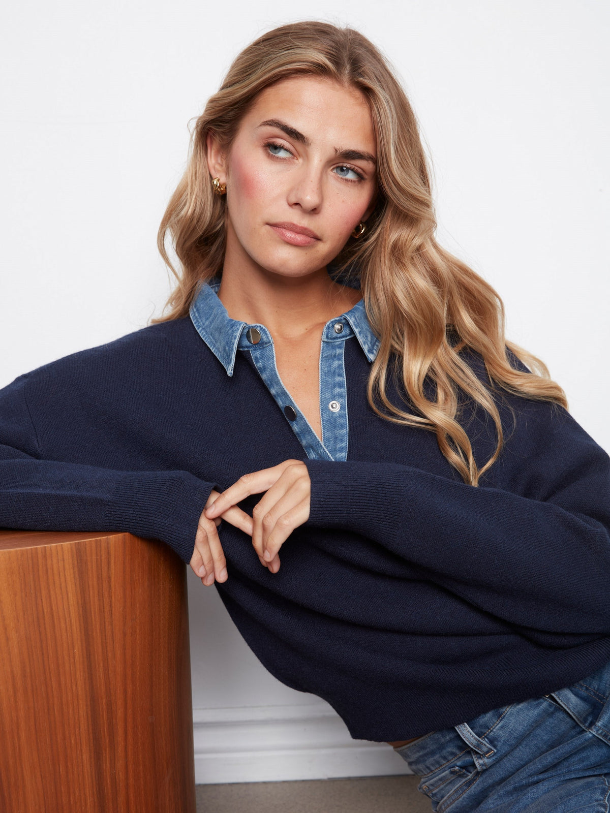 Denim Trim Polo Sweater - Navy