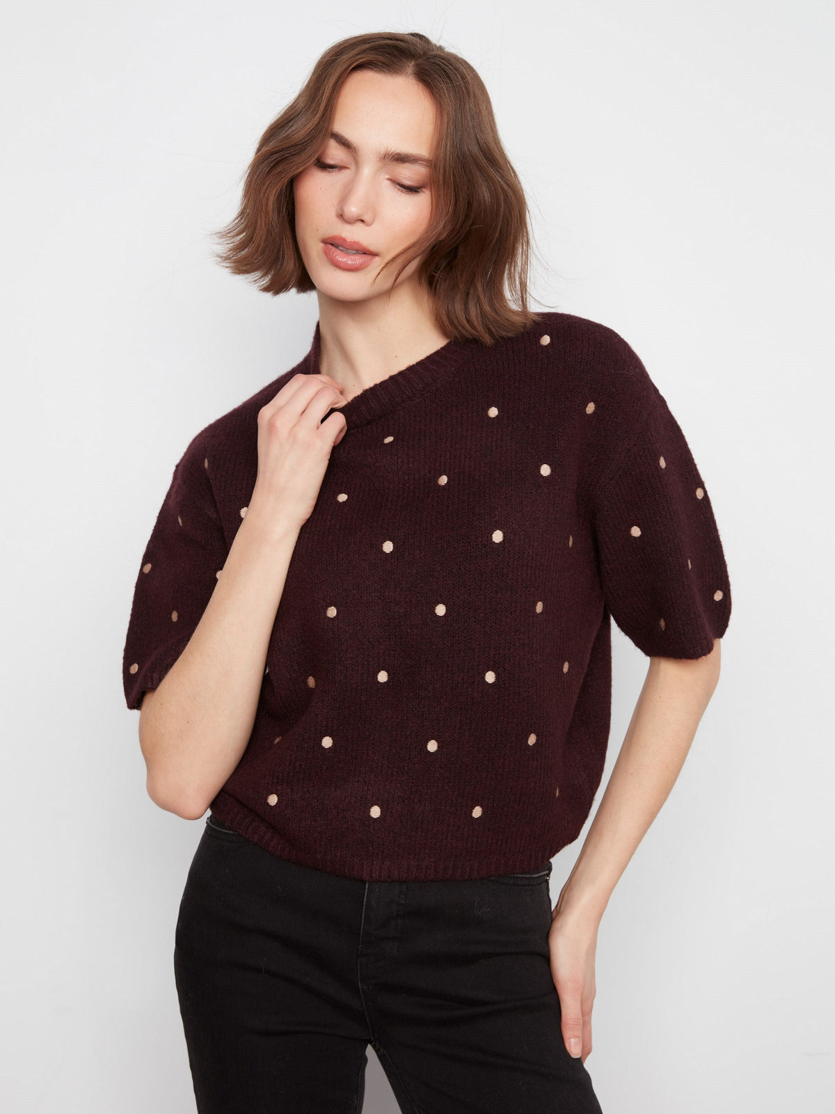 Embroidered Polka Dot Elbow Sleeve Knit Sweater - Heather Wine