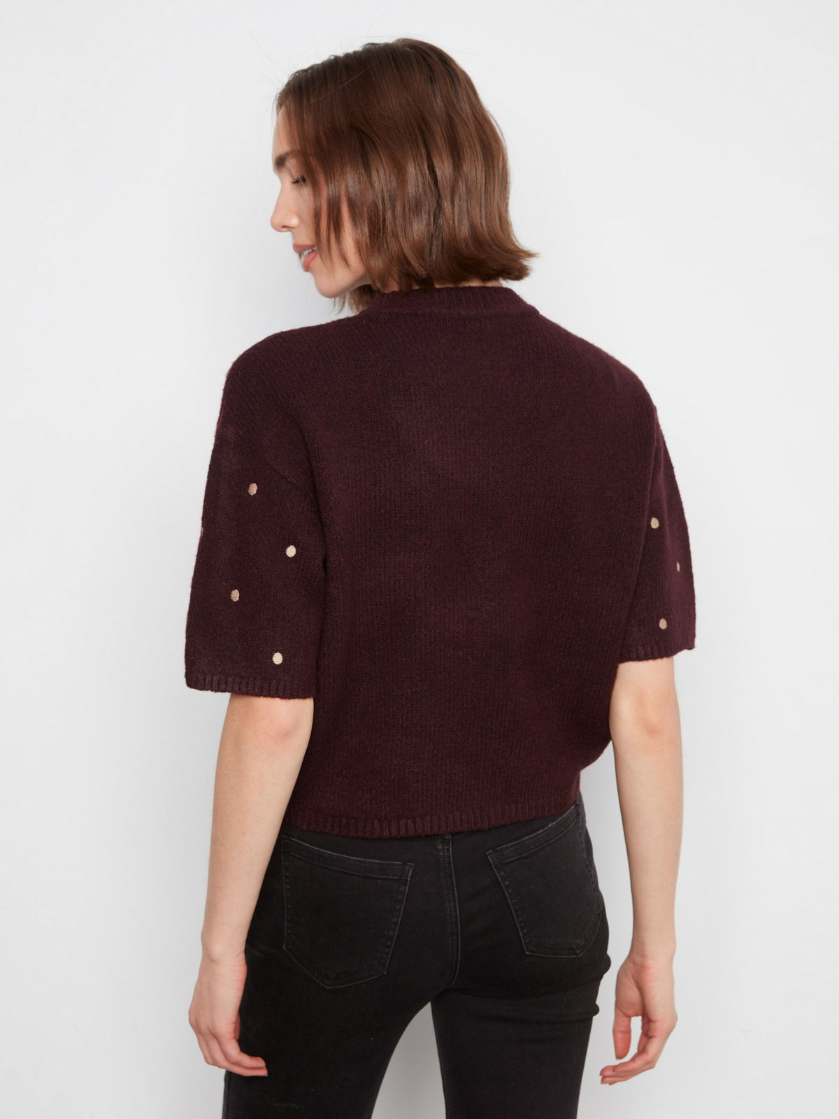 Embroidered Polka Dot Elbow Sleeve Knit Sweater - Heather Wine