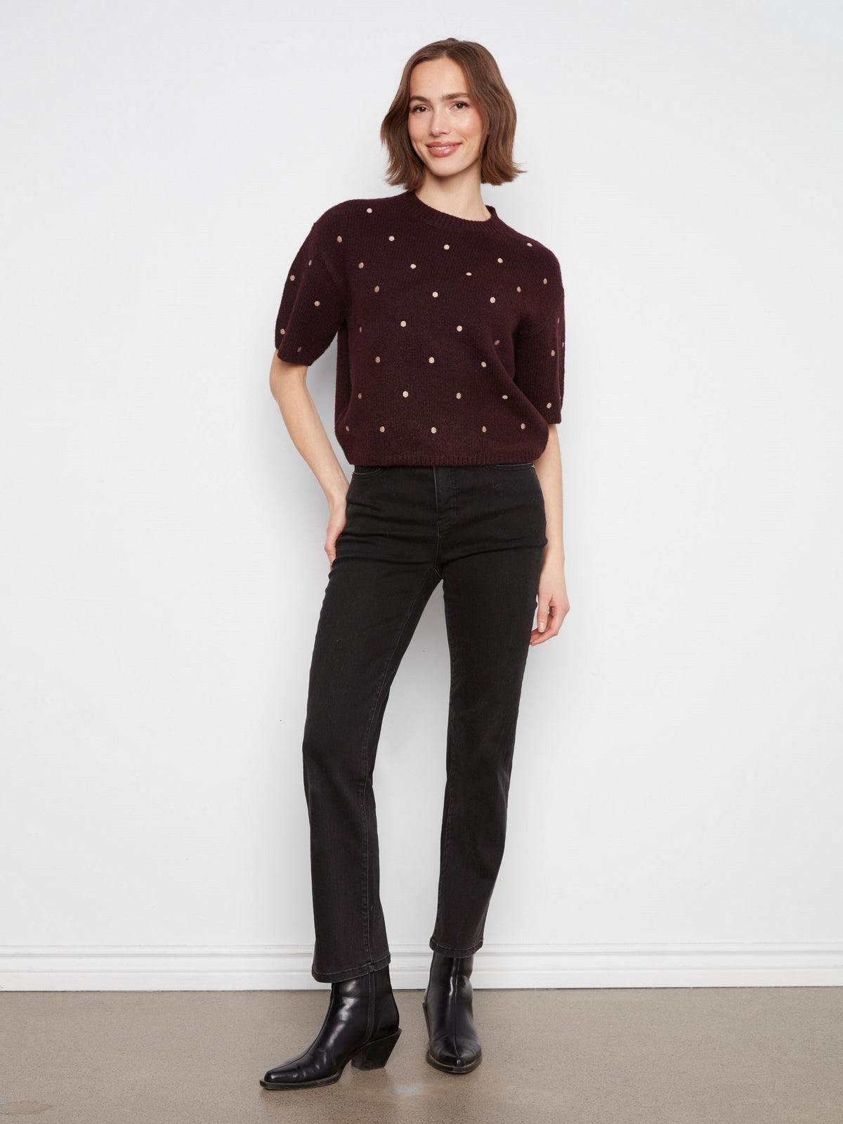 Embroidered Polka Dot Elbow Sleeve Knit Sweater - Heather Wine