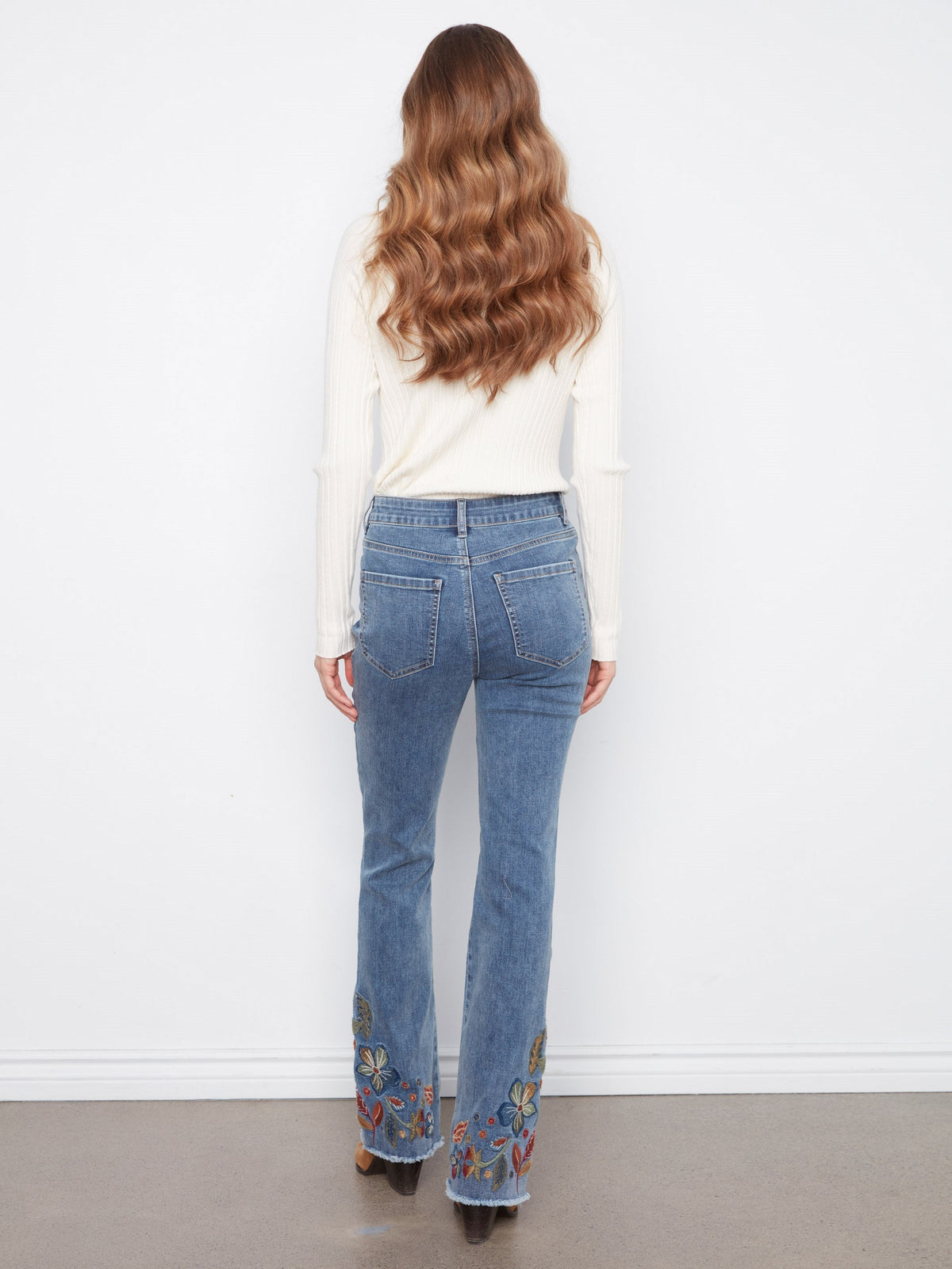 Flare Jeans With Floral Hem Embroidery - Medium Blue