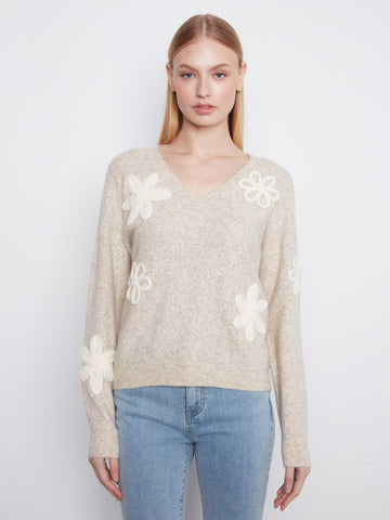 Floral Appliqué V-Neck Sweater - Heather Almond