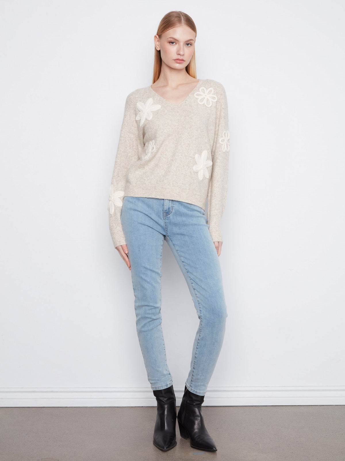 Floral Appliqué V-Neck Sweater - Heather Almond
