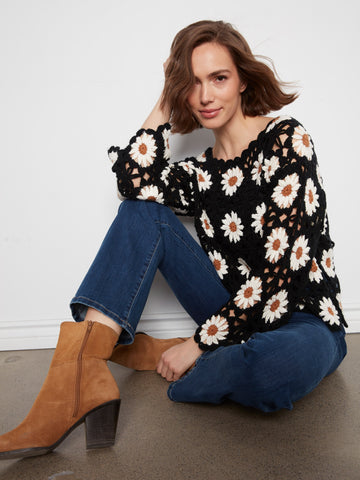 Floral Hand-Crochet Sweater - Black