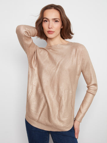 Foiled Knit Sweater With Back Lace-Up Detail - Brass