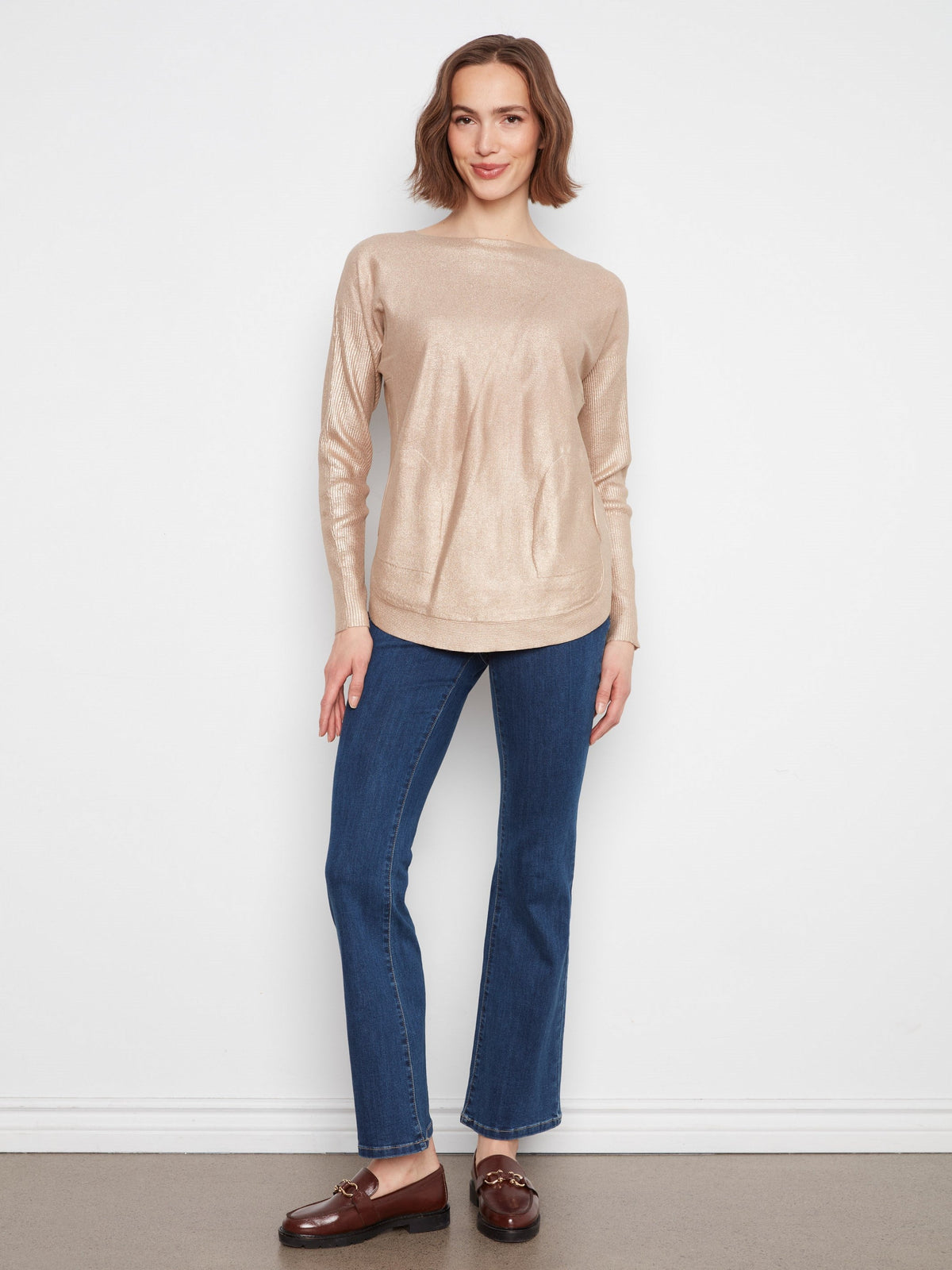 Foiled Knit Sweater With Back Lace-Up Detail - Brass