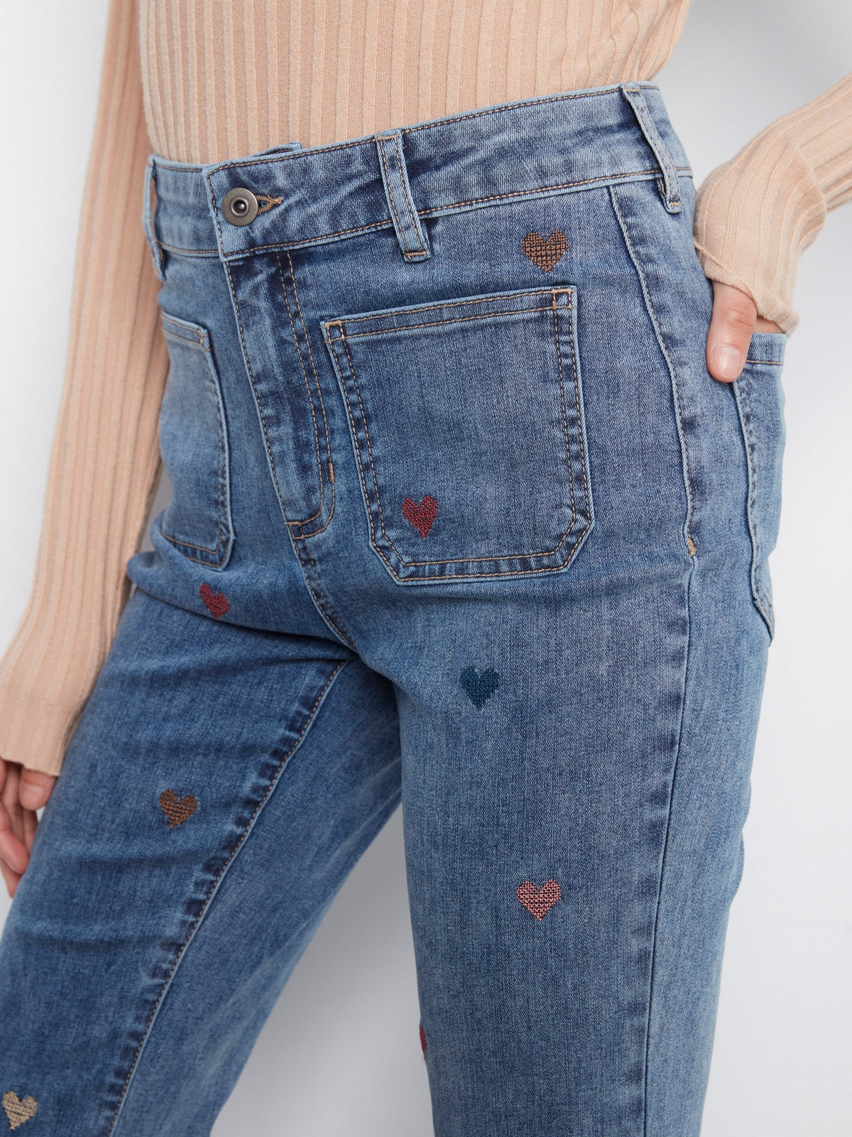 Heart Embroidered Flare Leg Jeans - Medium Blue