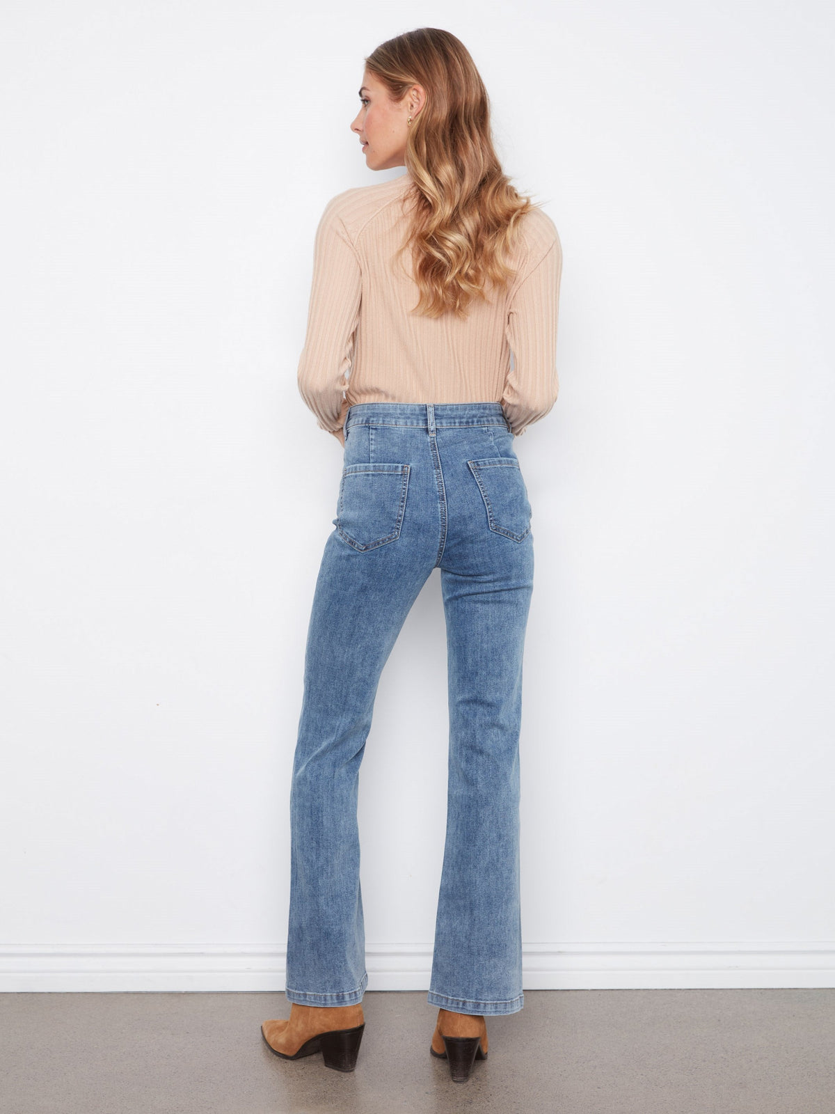 Heart Embroidered Flare Leg Jeans - Medium Blue