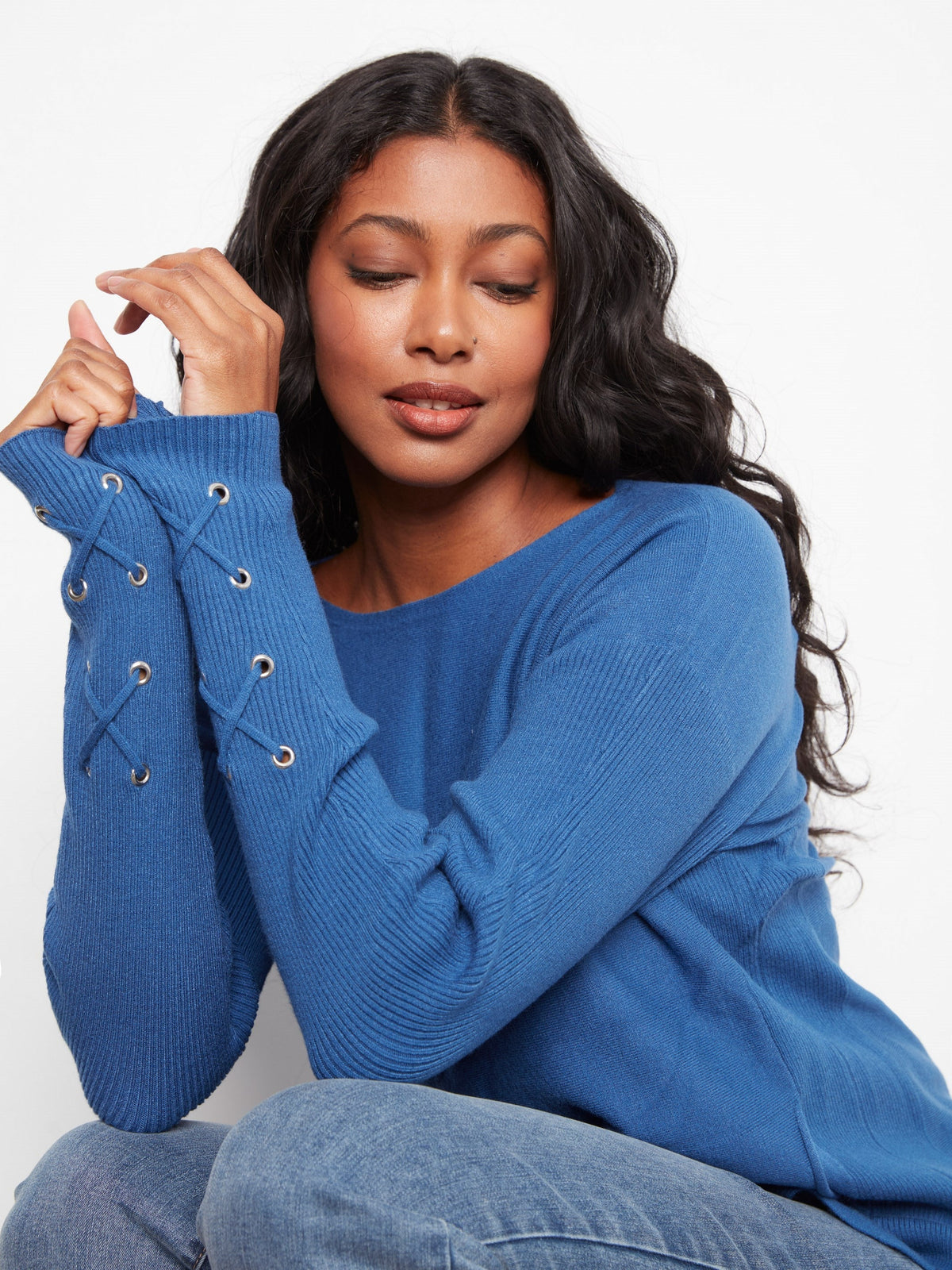 Knit Sweater With Lace-Up Cuffs - Cobalt