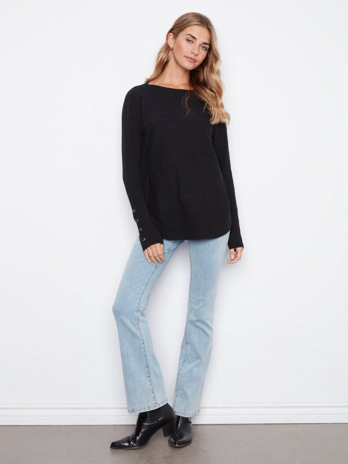 Knit Sweater With Lace-Up Cuffs - Black