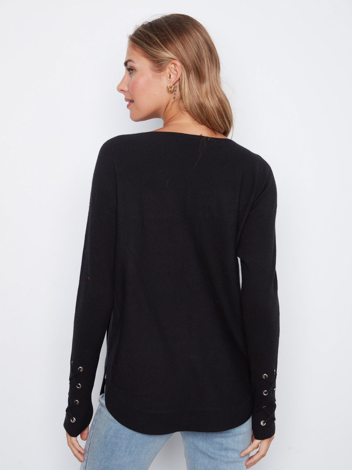 Knit Sweater With Lace-Up Cuffs - Black