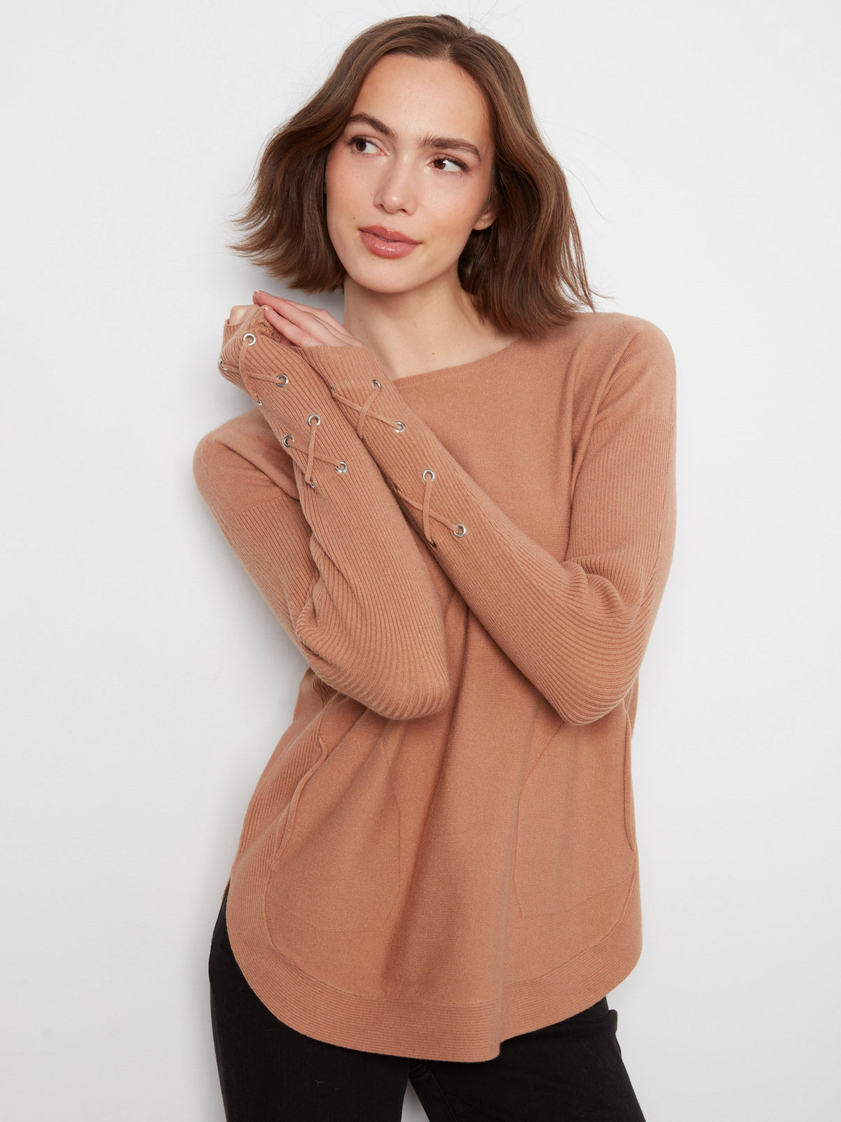 Knit Sweater With Lace-Up Cuffs - Truffle