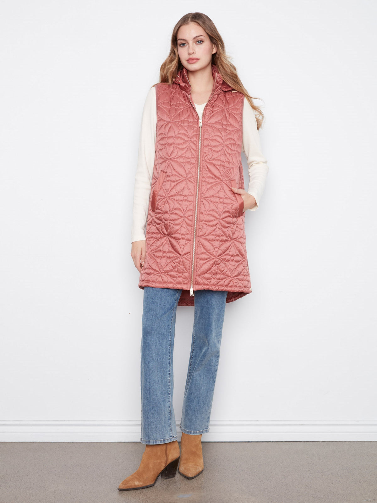 Long Hooded Puffer Vest - Rosebud
