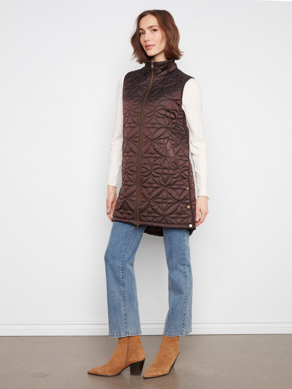 Long Hooded Puffer Vest - Mocha