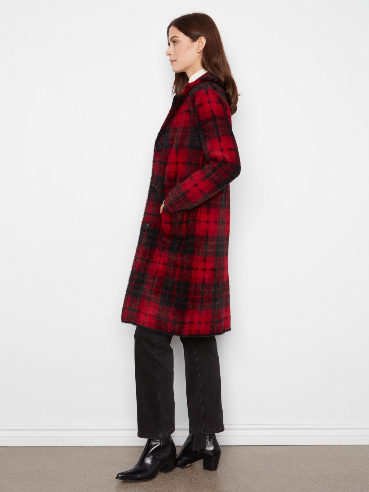 Long Plaid Knit Coatigan - Cranberry