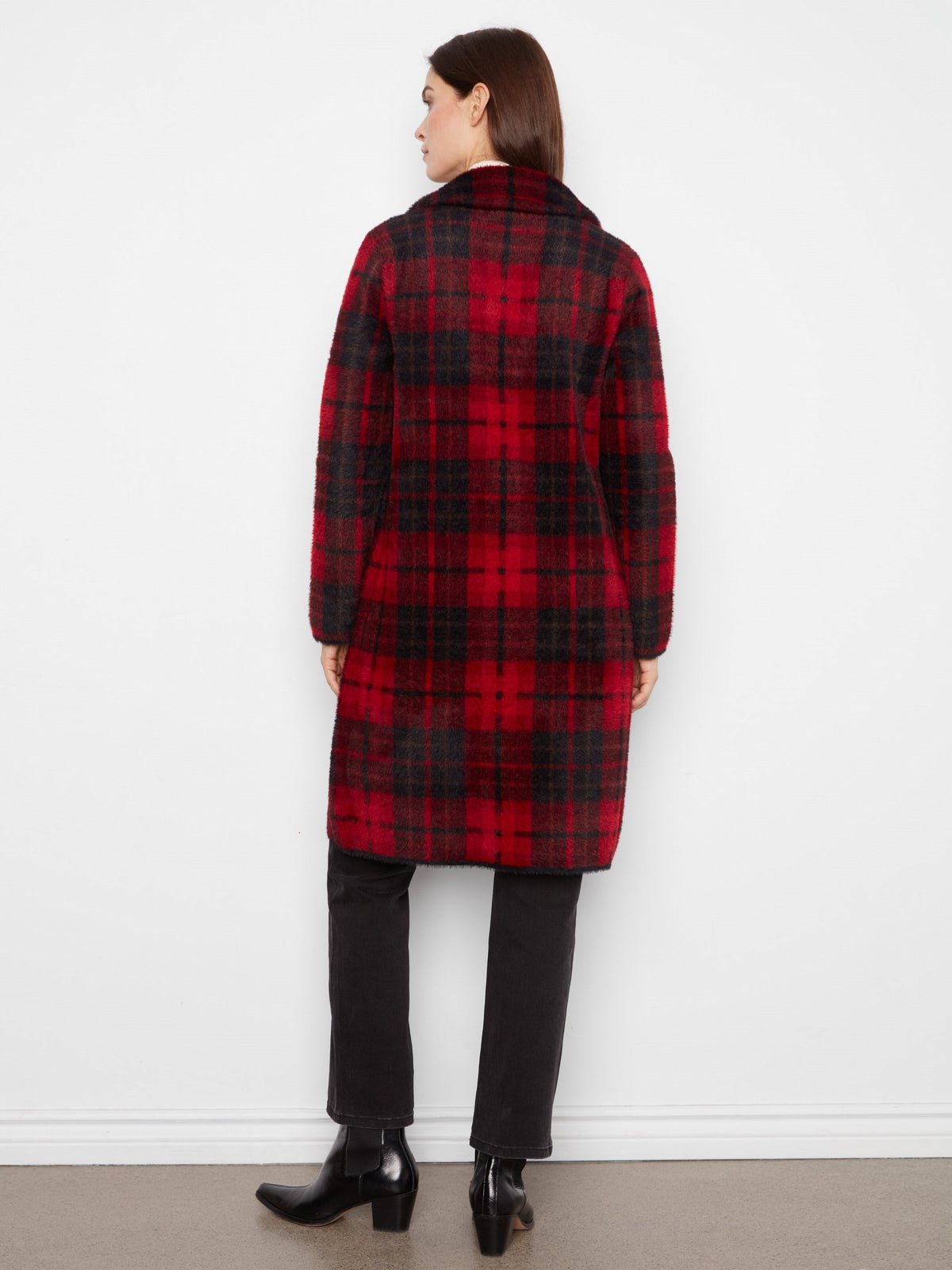 Long Plaid Knit Coatigan - Cranberry