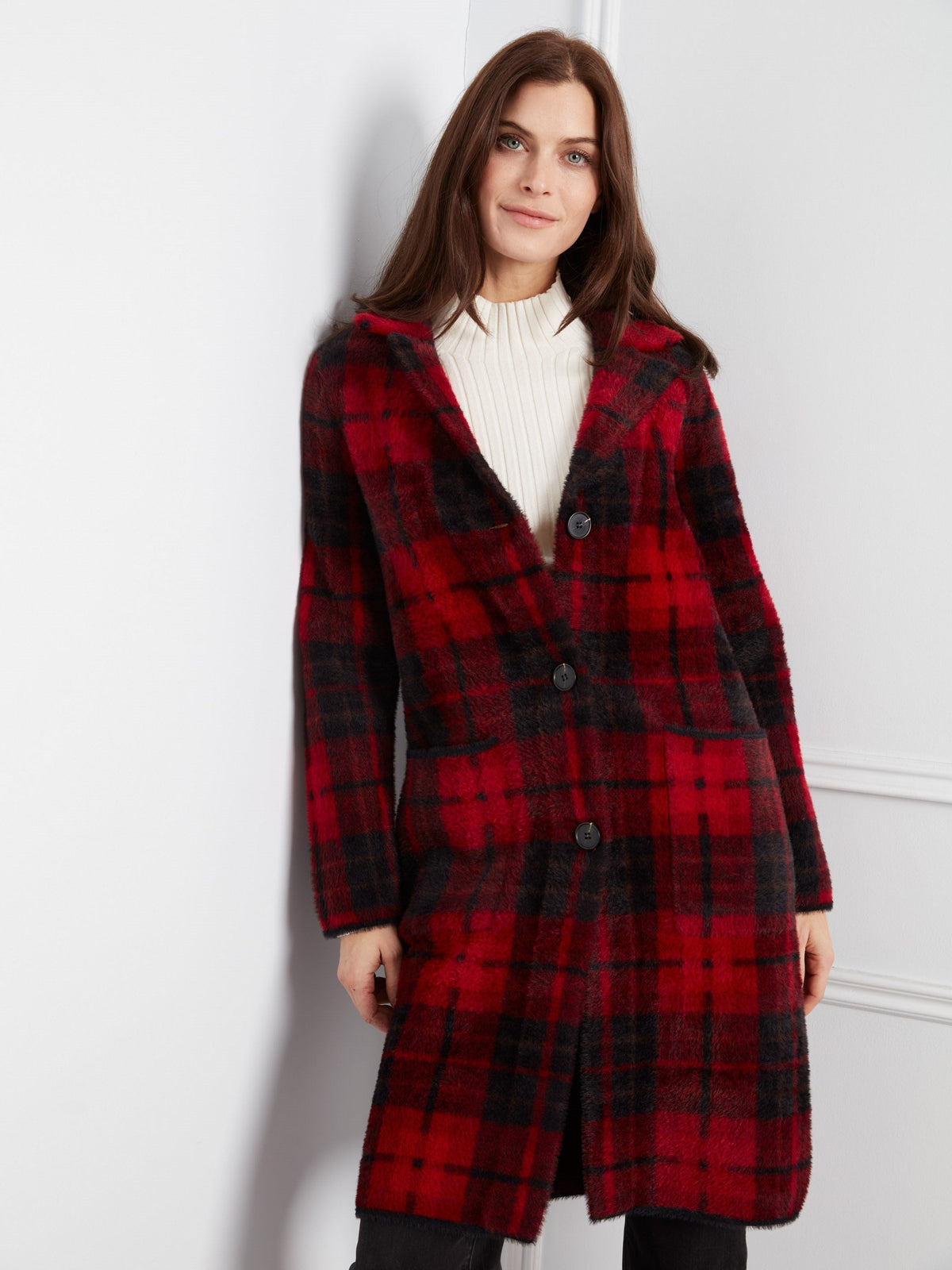 Long Plaid Knit Coatigan - Cranberry