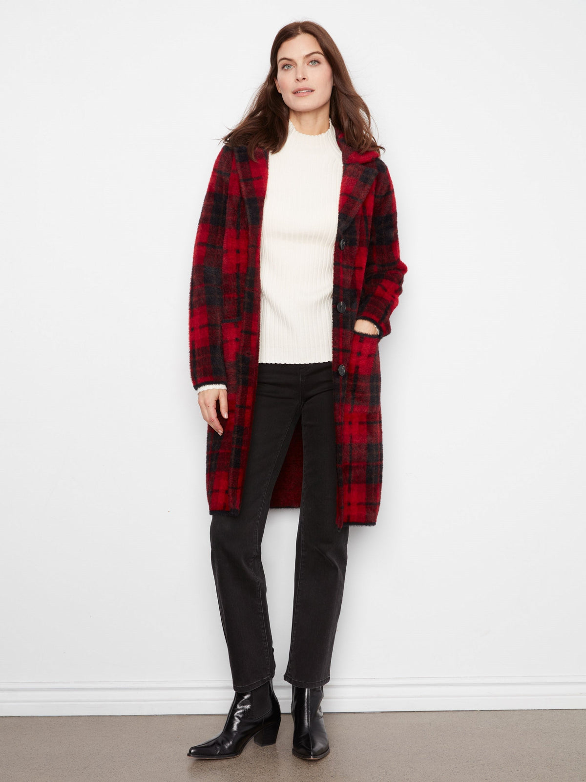Long Plaid Knit Coatigan - Cranberry