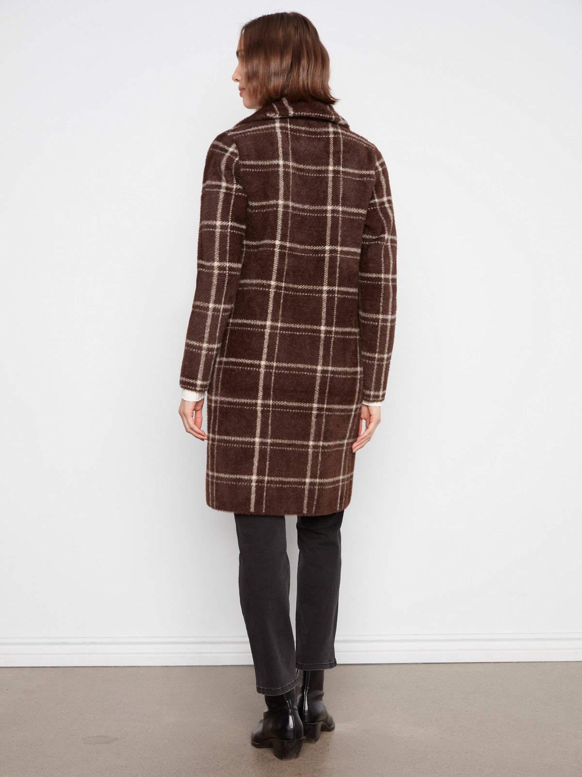 Long Plaid Knit Coatigan - Chocolate