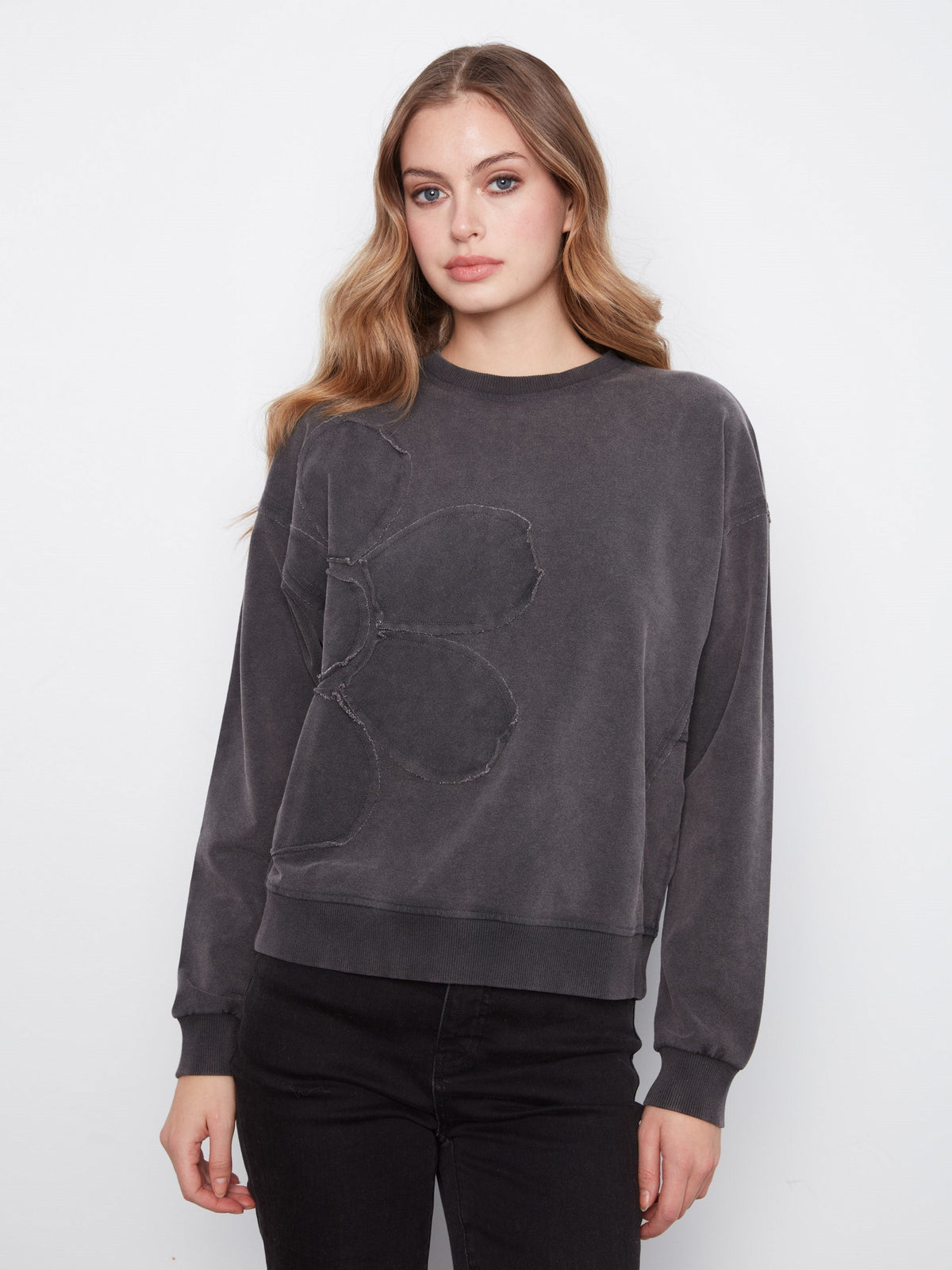 Long Sleeve Top With Flower Appliqué - Charcoal
