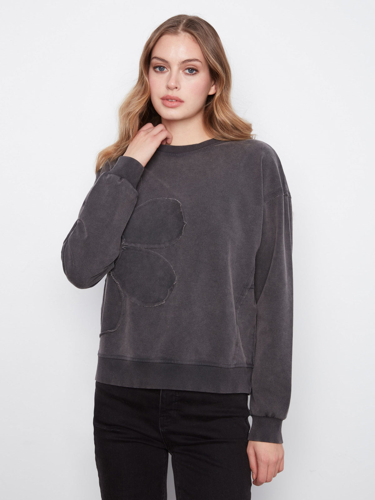 Long Sleeve Top With Flower Appliqué - Charcoal