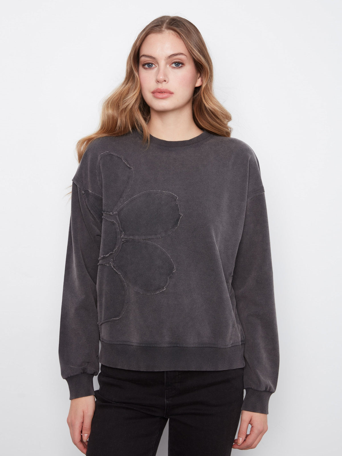 Long Sleeve Top With Flower Appliqué - Charcoal