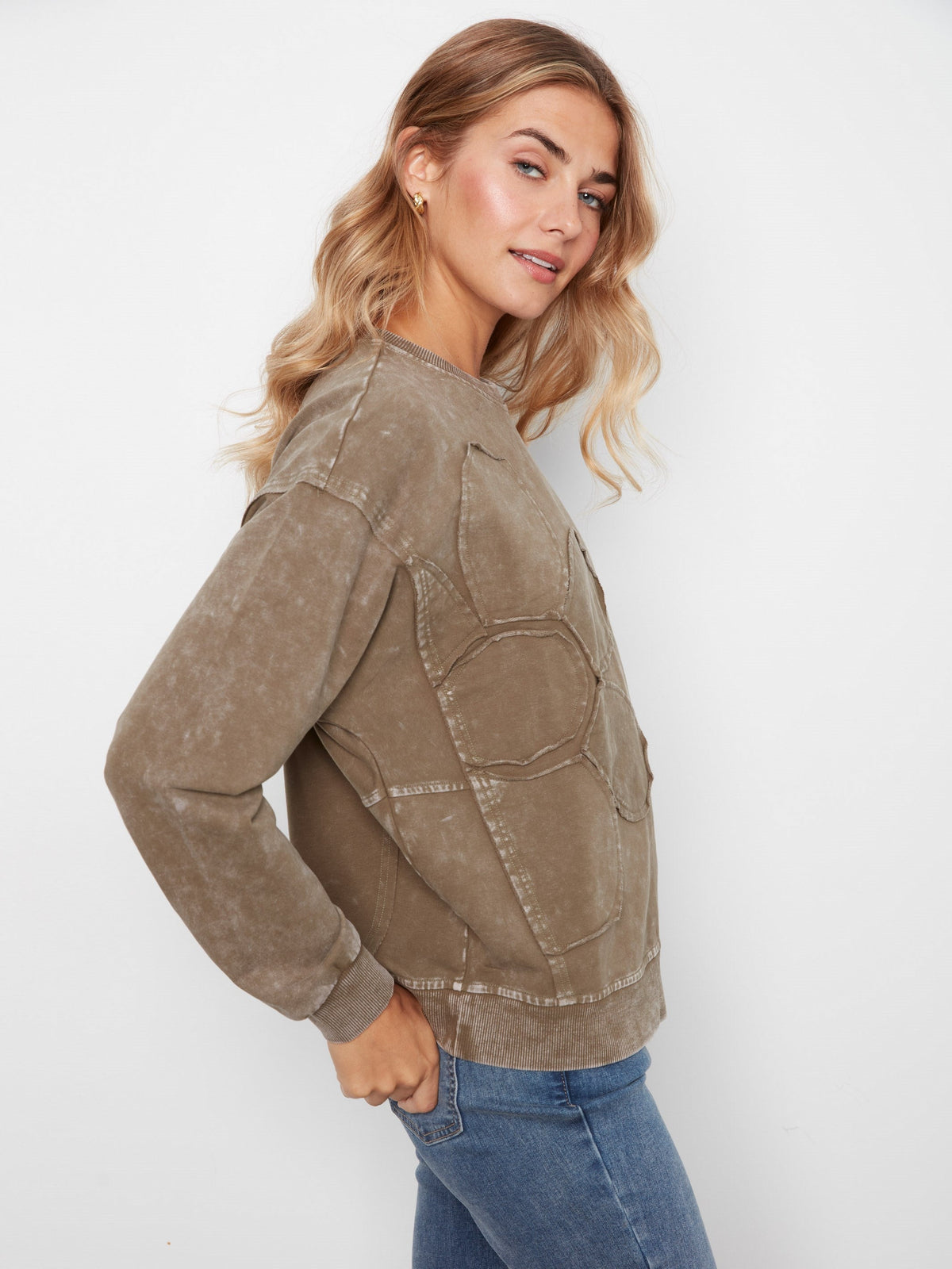 Long Sleeve Top With Flower Appliqué - Moss