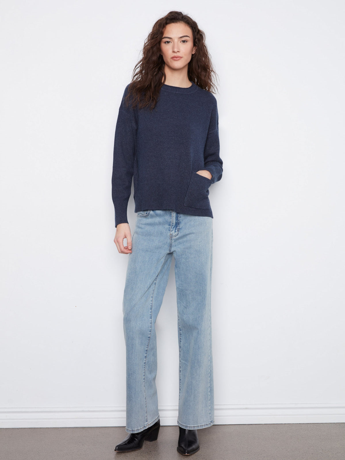 Patch Pocket Crew Neck Sweater - Heather Denim