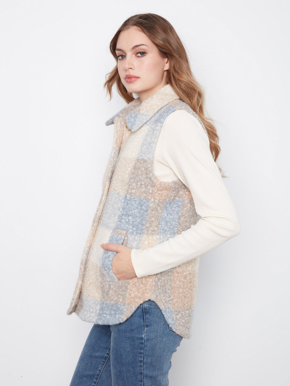 Plaid Bouclé Knit Vest - Celestial