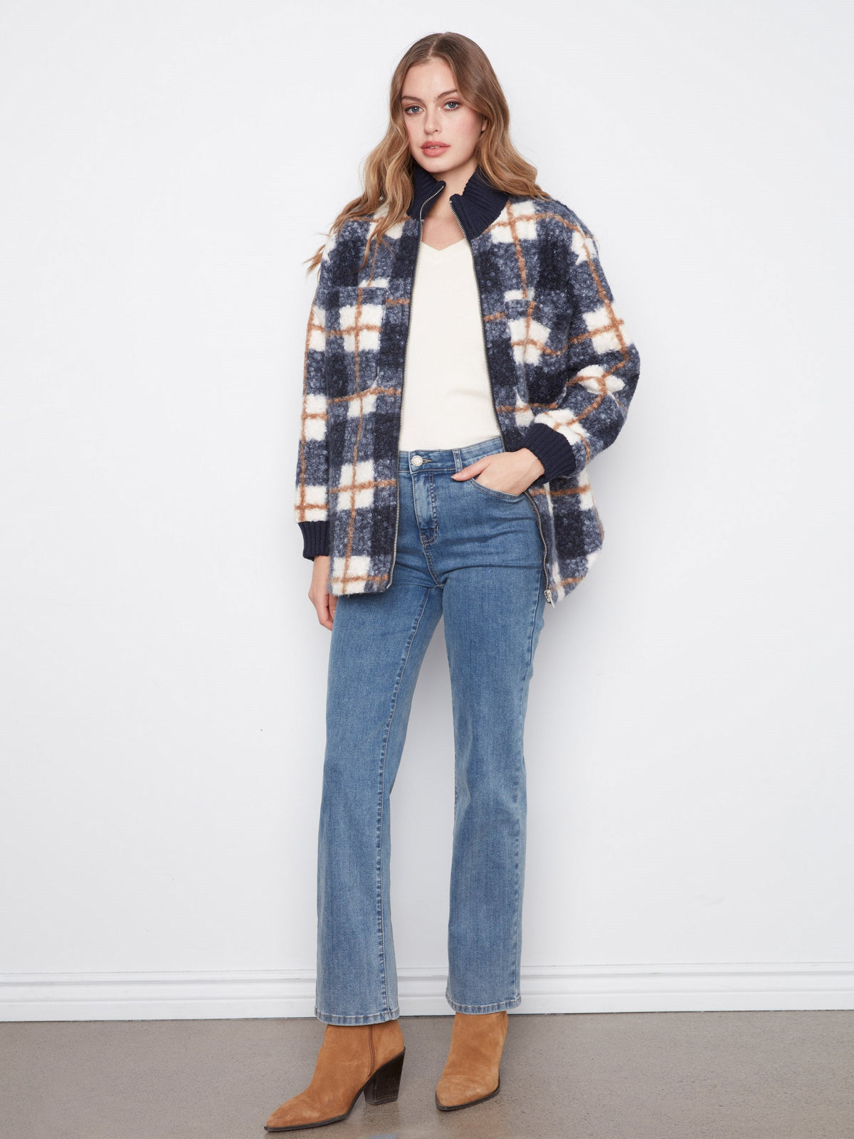 Plaid Bouclé Zip-Up Jacket - Midnight