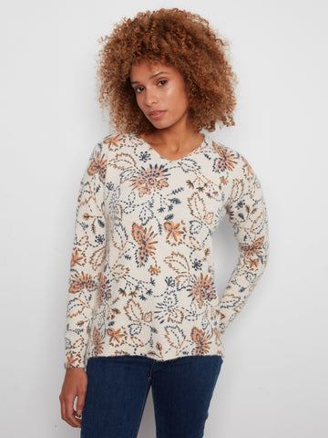 Printed Plush Knit V-Neck Sweater - Snowflake