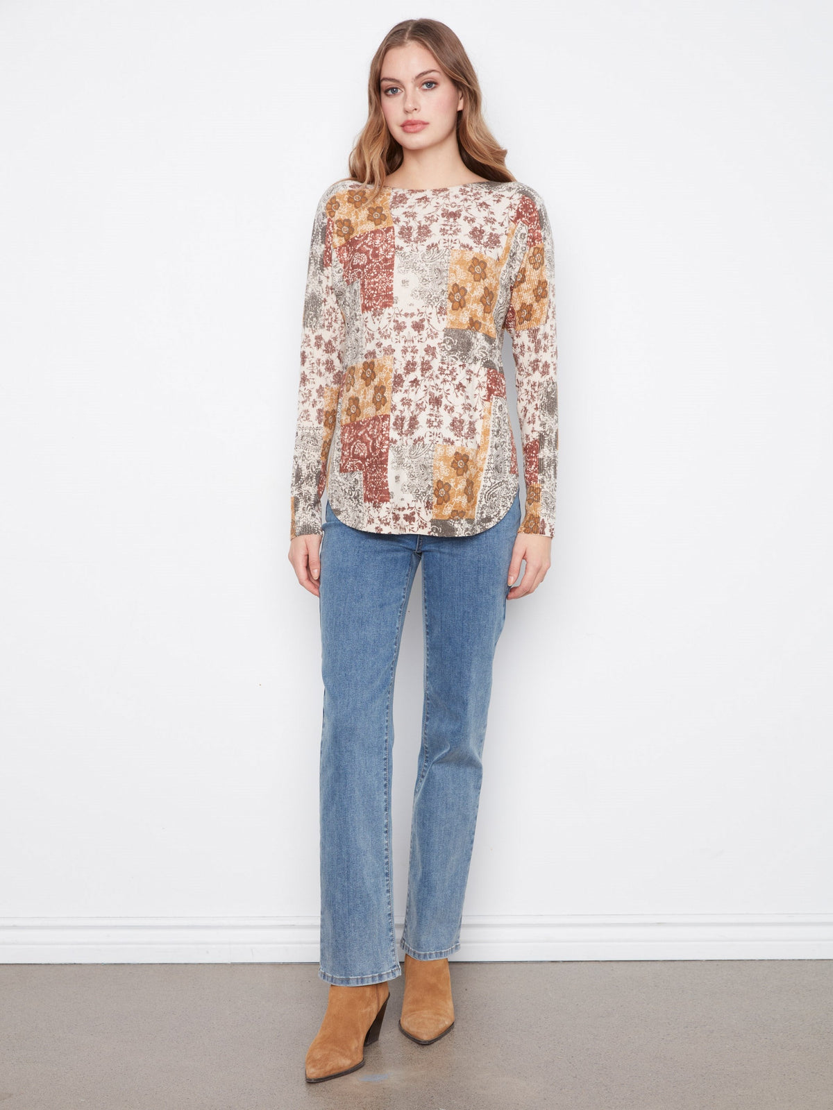 Printed Rounded Hem Sweater - Quilt