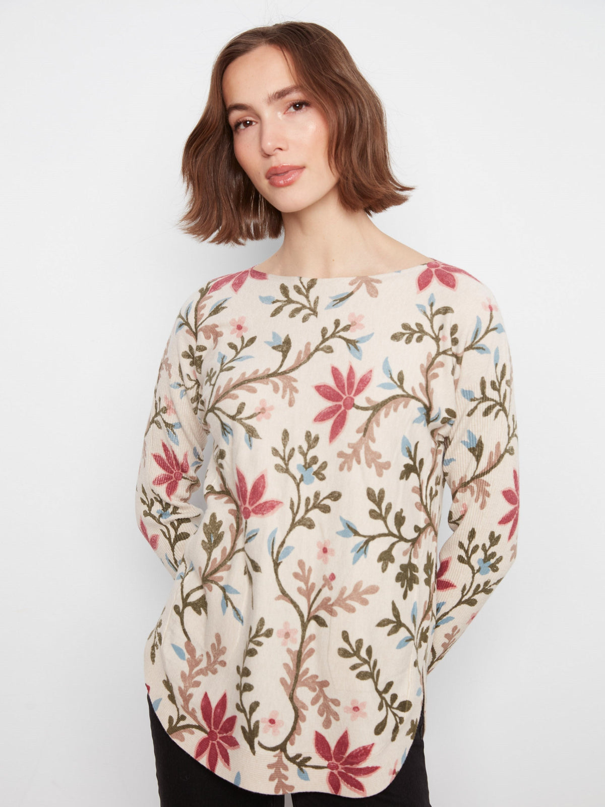 Printed Rounded Hem Sweater - Floral